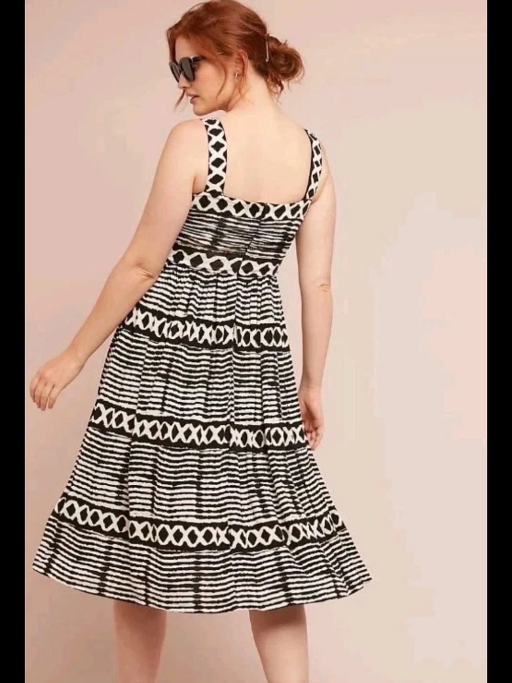 Tracy Reese Anthropologie Womens XS Black White Geometric Ruched Midi Dress - Picture 2 of 16